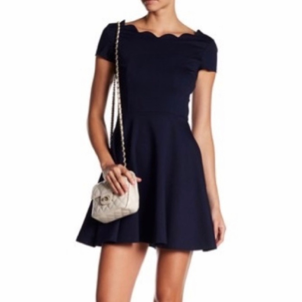 Light Blue Fit and Flare Scallop Cap Sleeve Dress